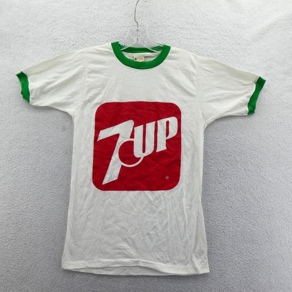 Screen Stars T-Shirt Women Small 7UP Vintage 80s White Green Ringer Cotton Blend